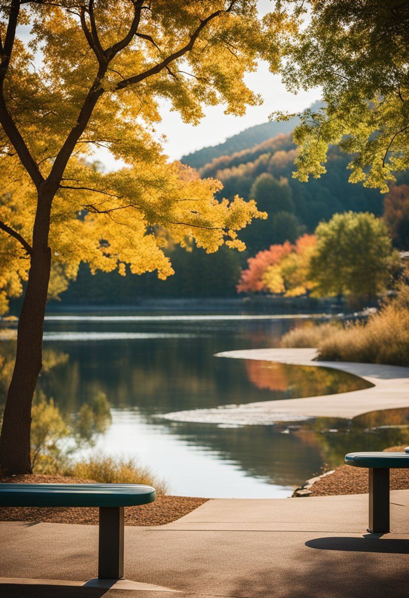 A serene park with benches and a pond, surrounded by colorful trees and a view of the mountains in Fayetteville, Arkansas