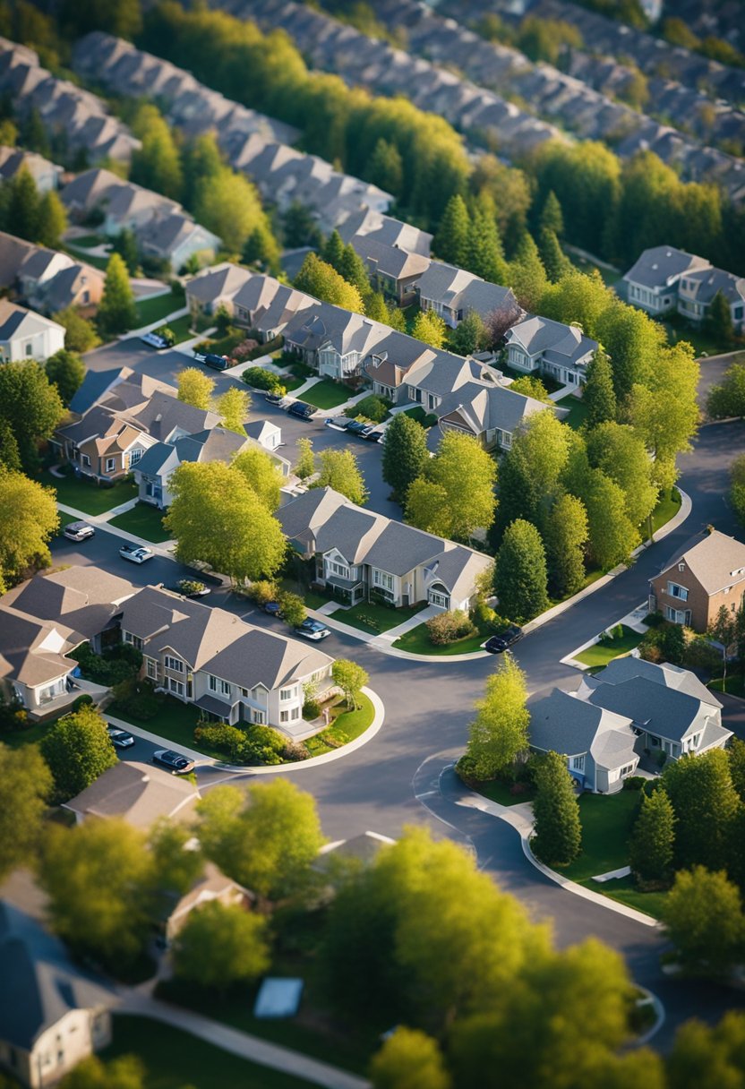 A peaceful suburban neighborhood with affordable homes, green parks, and a community center