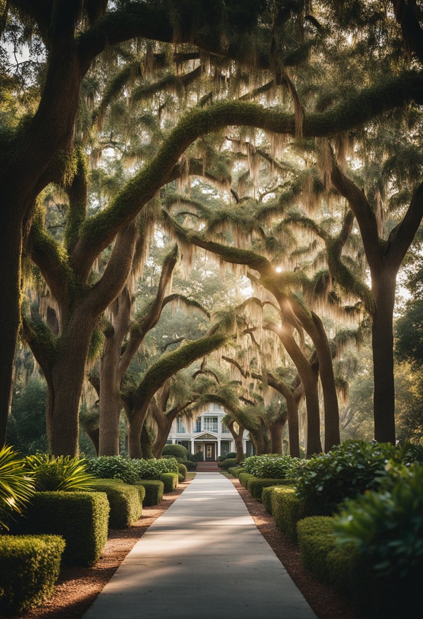 A peaceful, tree-lined street in Gainesville, Florida, with charming and affordable retirement homes surrounded by lush greenery