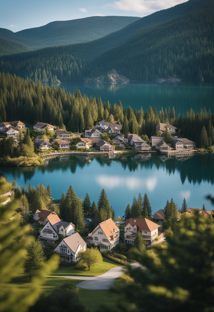 A serene lakeside town with charming homes nestled among the pine trees, surrounded by rolling hills and a peaceful atmosphere