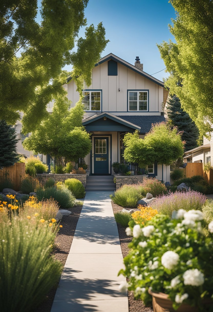 A peaceful neighborhood in Boise, Idaho with charming houses and well-kept gardens, surrounded by scenic mountains and a clear blue sky