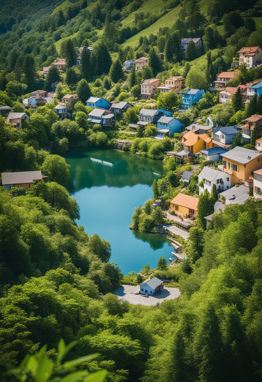 A peaceful lakeside town with colorful houses and lush greenery, surrounded by rolling hills and clear blue skies