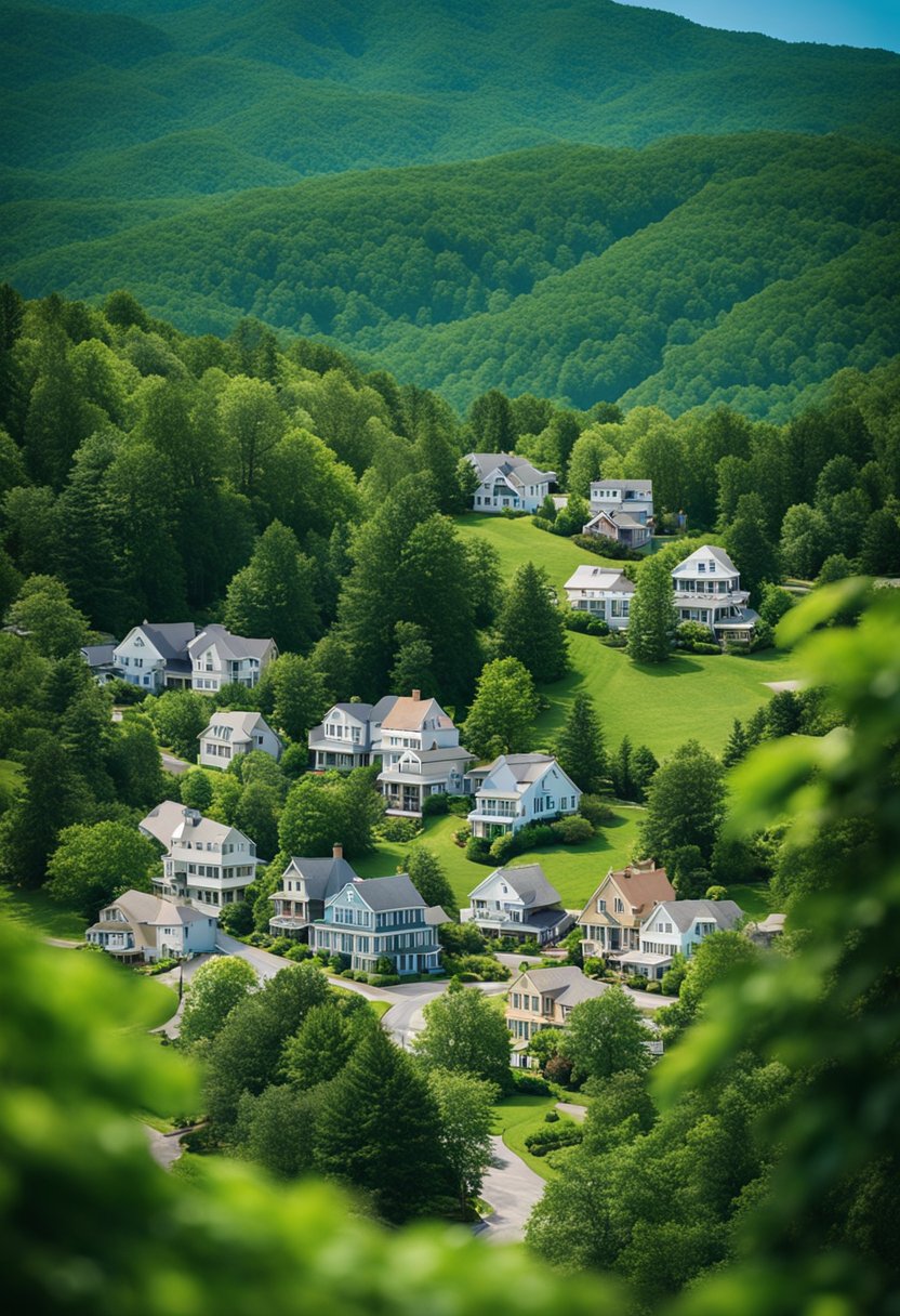 A peaceful town nestled in the Blue Ridge Mountains, with charming homes, lush greenery, and a vibrant community atmosphere