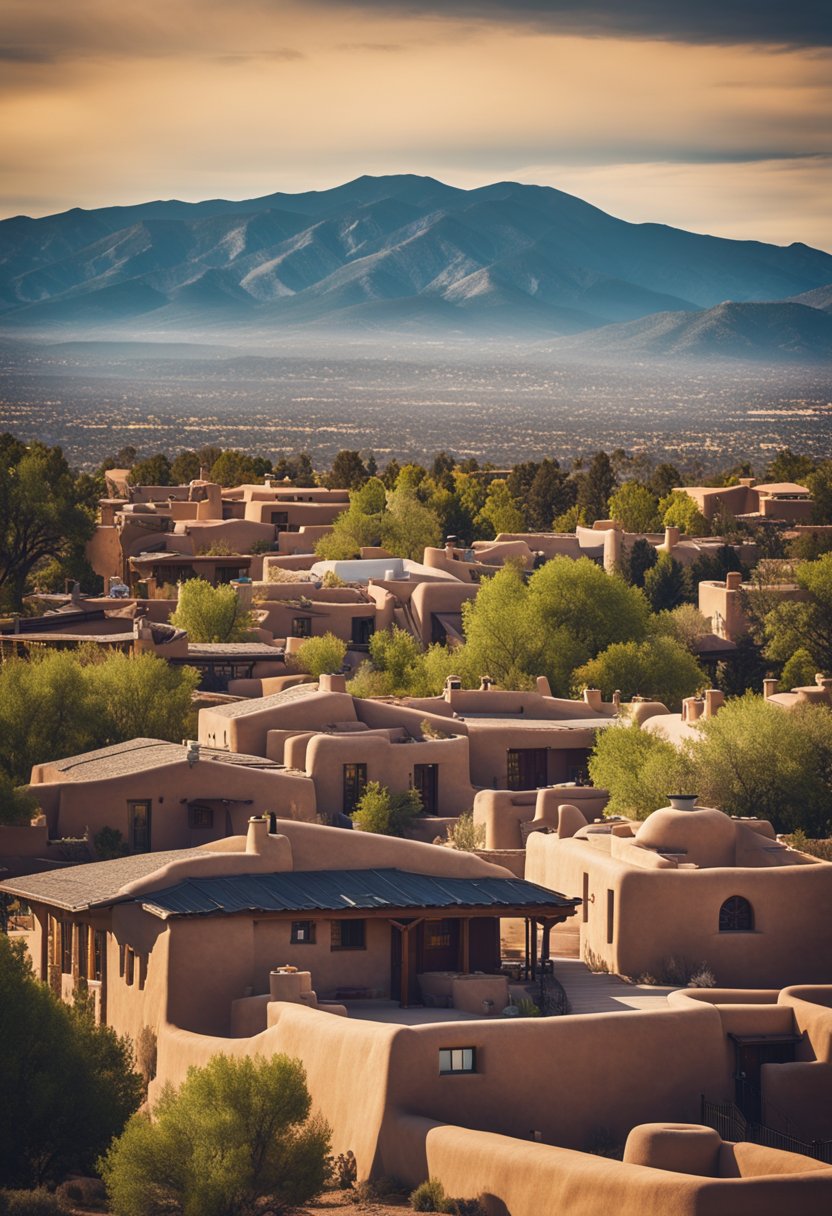 A scenic view of Santa Fe, New Mexico with adobe-style houses nestled against the backdrop of the Sangre de Cristo Mountains