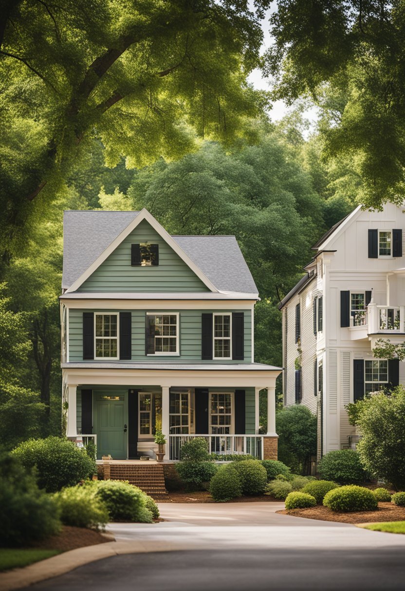 A peaceful suburban neighborhood in Greenville, South Carolina, with cozy homes and lush greenery, offering a serene and affordable retirement option in the United States