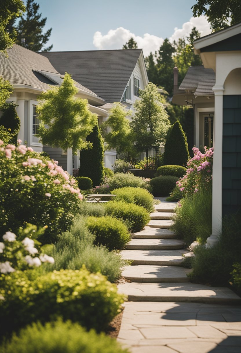 A serene suburban neighborhood with cozy homes, lush greenery, and friendly neighbors enjoying outdoor activities