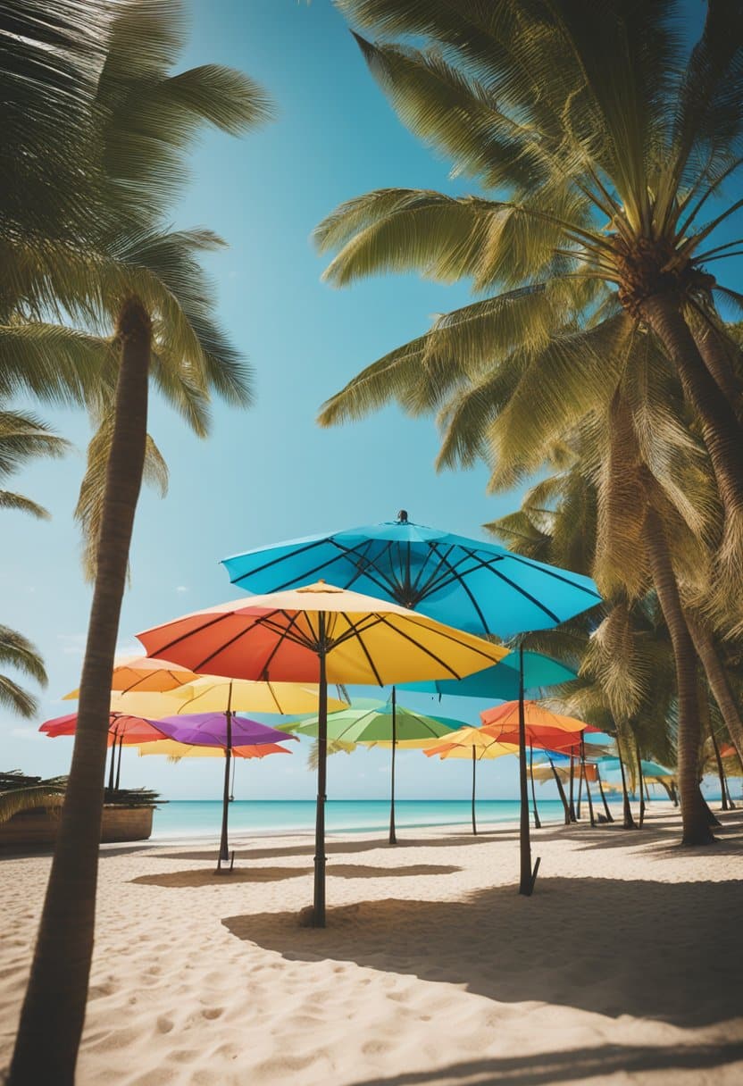 A serene beach with colorful umbrellas, palm trees, and clear blue water stretching out to the horizon
