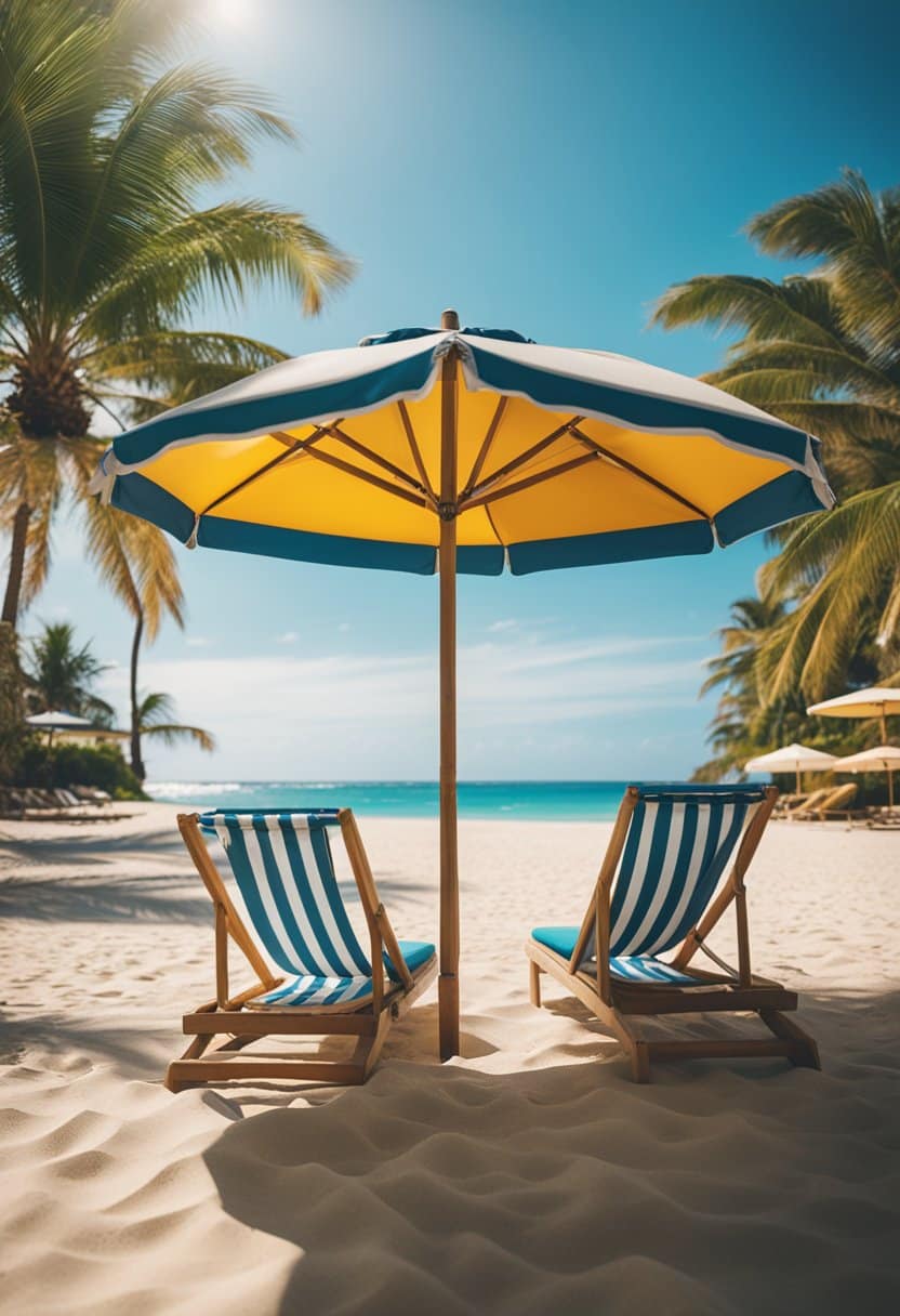 A sunny beach with a colorful umbrella and lounge chairs, surrounded by palm trees and a clear blue ocean