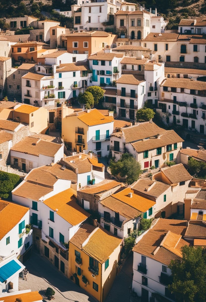 A cozy Spanish village with colorful houses, a bustling market, and locals enjoying a leisurely lifestyle under the warm Mediterranean sun