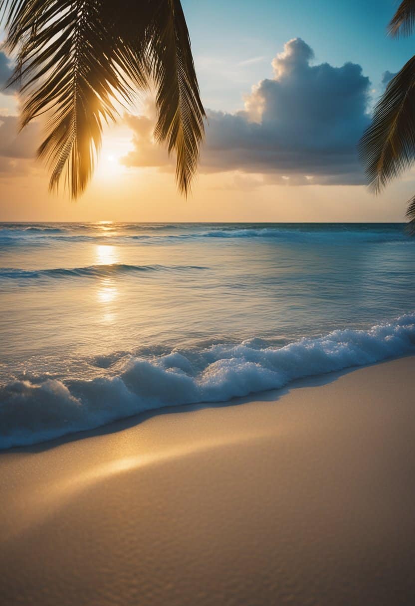 A serene beach with golden sand, crystal-clear blue waters, and palm trees swaying in the gentle breeze. The sun sets over the horizon, casting a warm glow over the tranquil scene