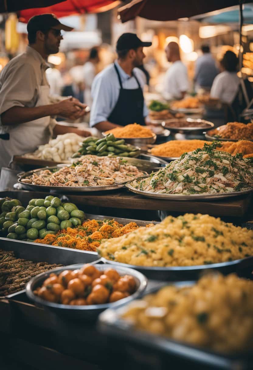 A bustling outdoor market with colorful displays of fresh produce, seafood, and local delicacies. The aroma of paella and tapas fills the air as locals and tourists alike enjoy the exquisite cuisine
