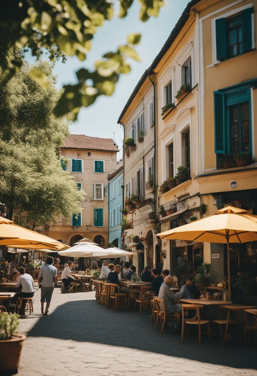 A sunny village square with colorful buildings, bustling cafes, and locals chatting happily