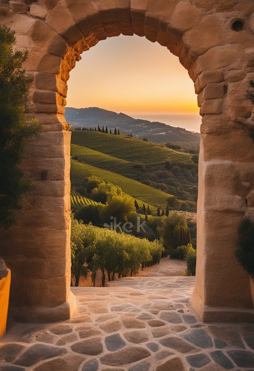 A vibrant Spanish landscape featuring rolling hills, coastal cliffs, olive groves, vineyards, historic architecture, and a colorful sunset