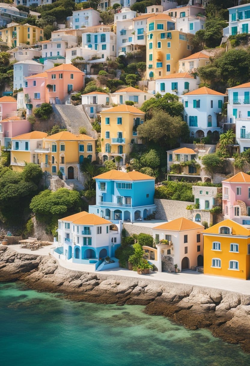 A tranquil coastal town with colorful buildings, lush greenery, and a calm sea under a clear blue sky