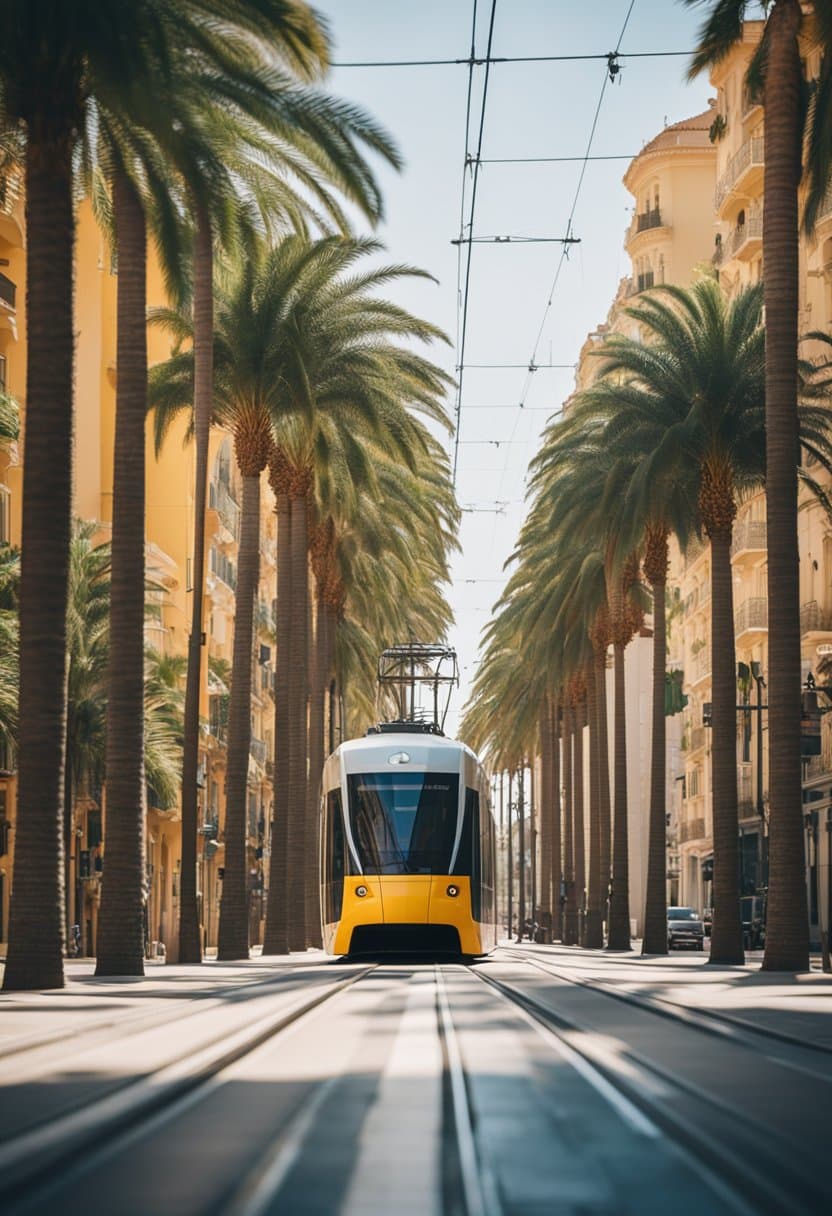 A sleek, modern tram glides smoothly along the tracks, passing by a row of palm trees and colorful buildings in a bustling Spanish city
