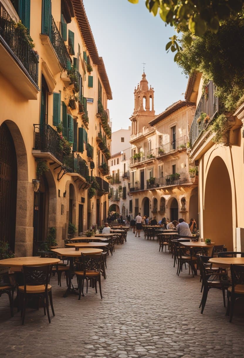 A vibrant Spanish plaza with colorful buildings, cobblestone streets, and lively outdoor cafes, surrounded by historic landmarks and traditional music and dance performances