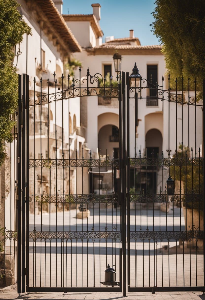 A gated community in Spain with well-lit streets, security cameras, and a guard at the entrance