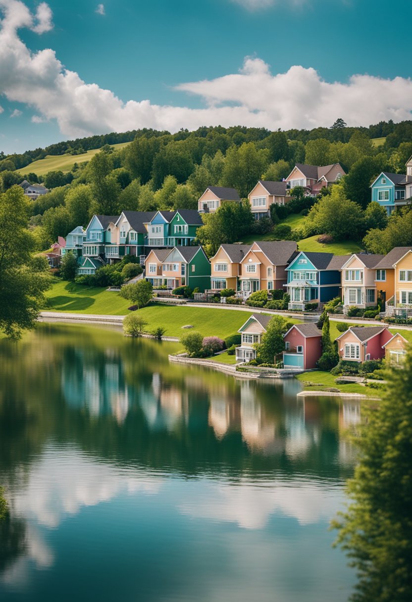 A serene suburban neighborhood with colorful houses and lush greenery, surrounded by peaceful lakes and rolling hills
